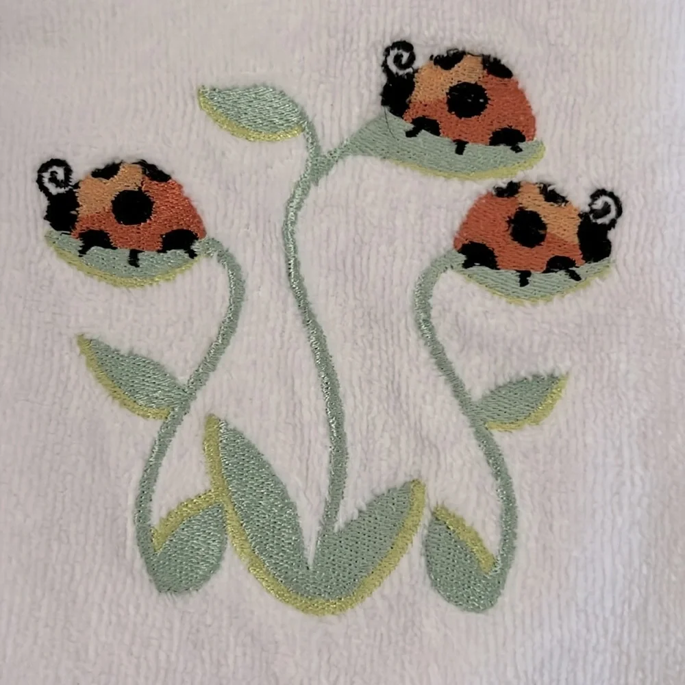 White Hand Towels with Ladybug Embroidery - Bathroom Kitchen Home Decor 2pc Set